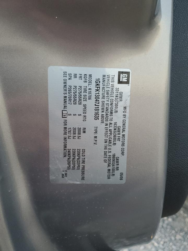 2007 GMC Yukon VIN: 1GKFK13047J181635 Lot: 92575465