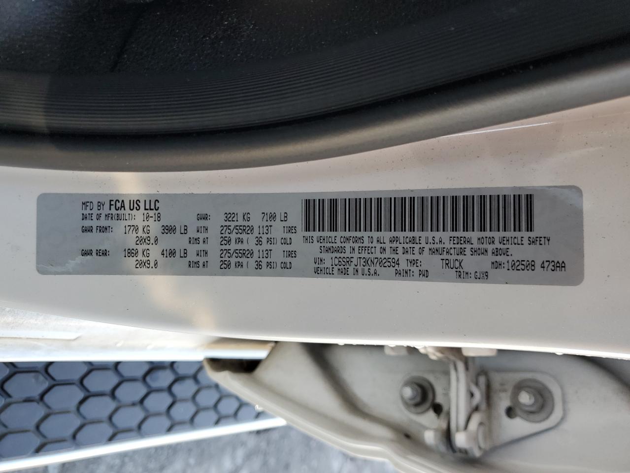 2019 Ram 1500 Laramie VIN: 1C6SRFJT3KN702594 Lot: 92207065