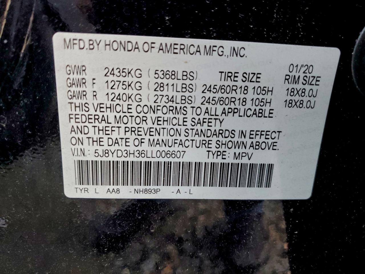 2020 Acura Mdx VIN: 5J8YD3H36LL006607 Lot: 93758915