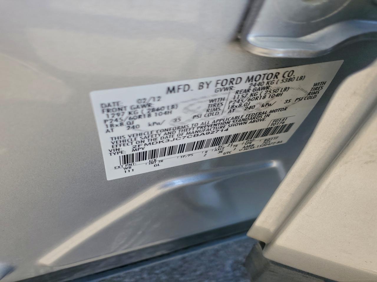 2012 Ford Edge Sel VIN: 2FMDK3JC7CBA92714 Lot: 93507895