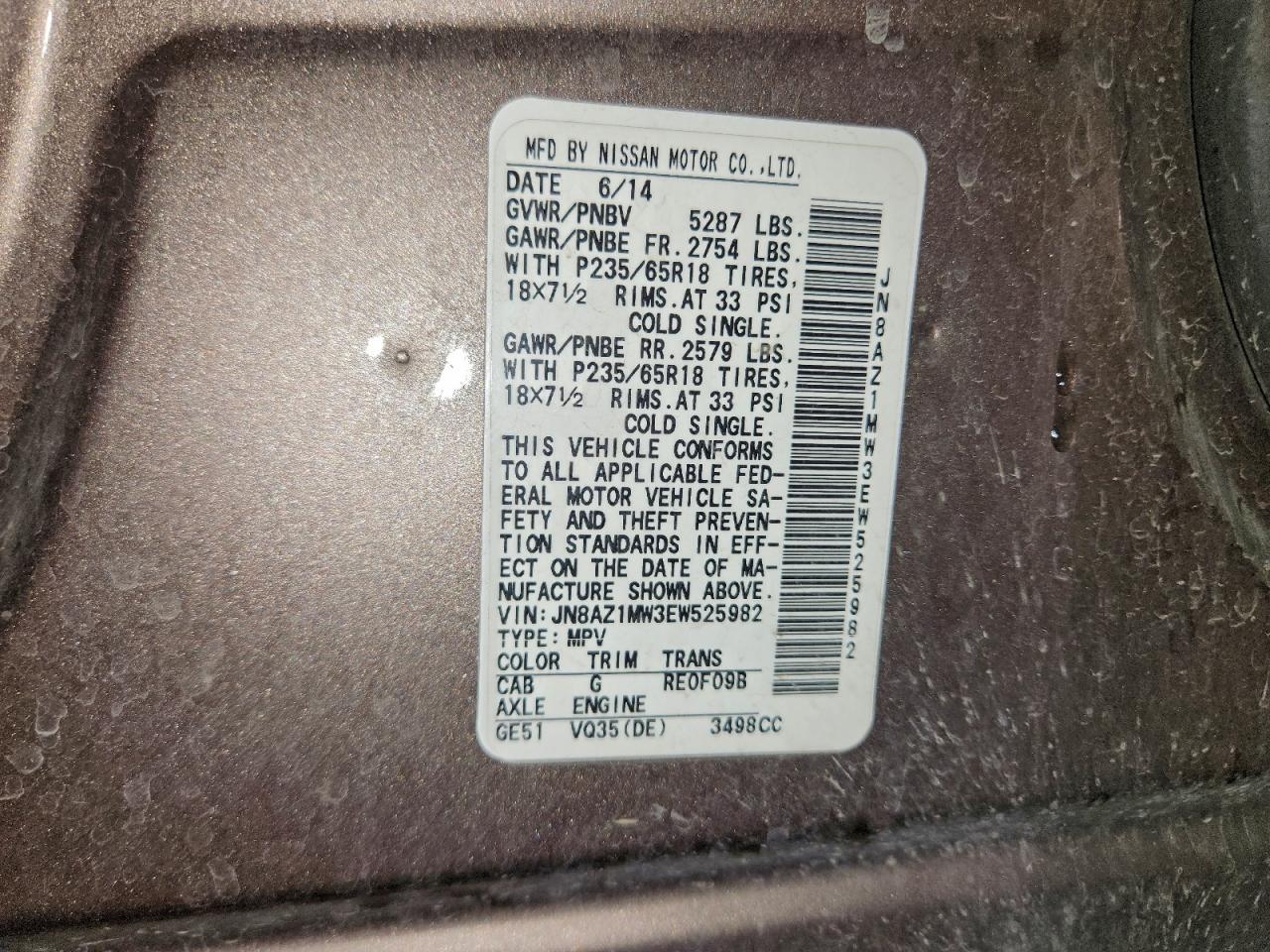 2014 Nissan Murano S VIN: JN8AZ1MW3EW525982 Lot: 93058345