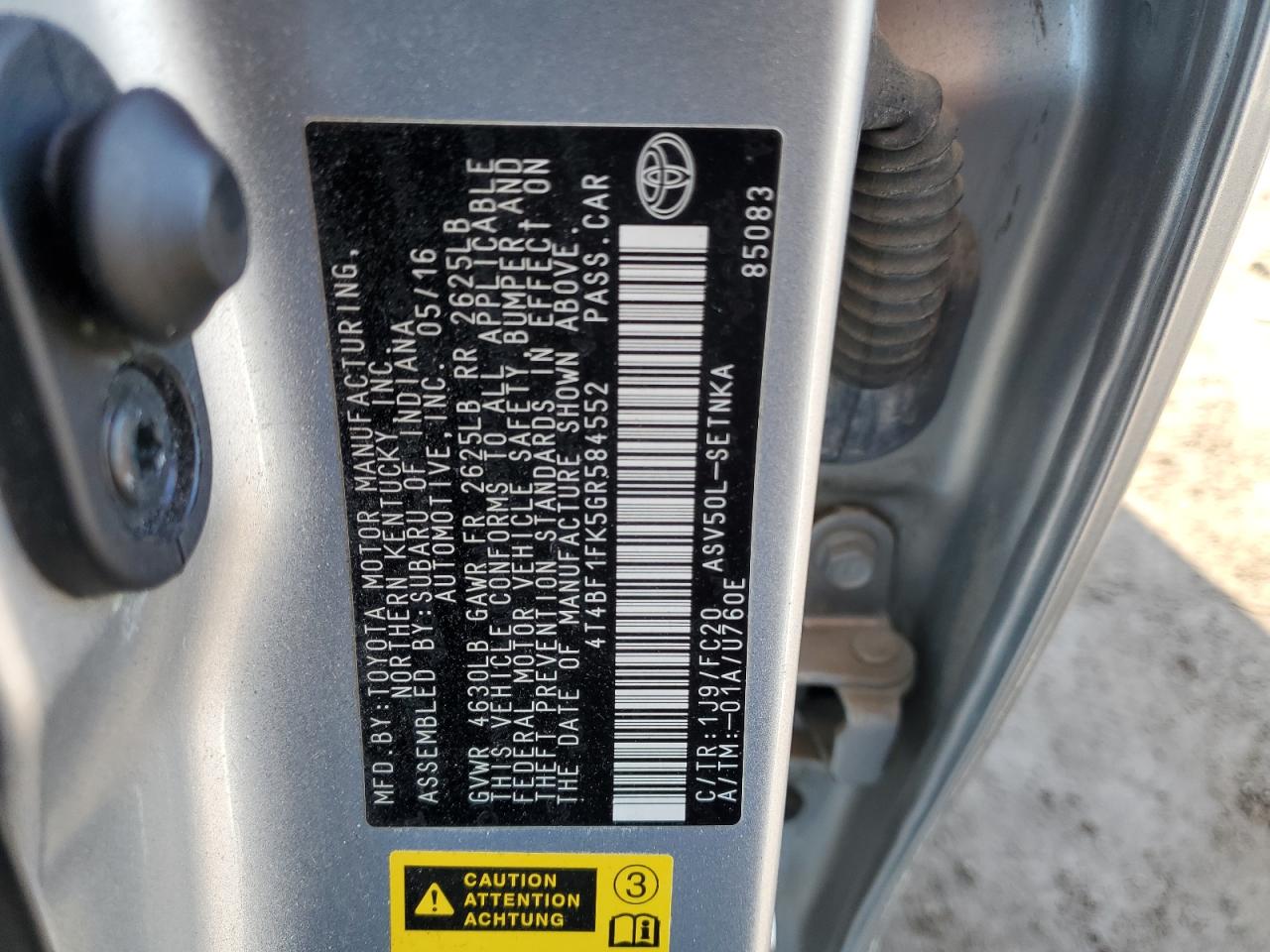 2016 Toyota Camry Le VIN: 4T4BF1FK5GR584552 Lot: 92852605