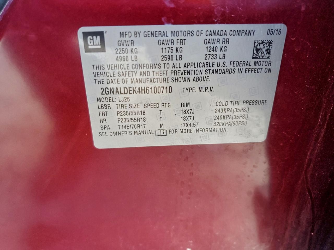 2017 Chevrolet Equinox Premier VIN: 2GNALDEK4H6100710 Lot: 94541355