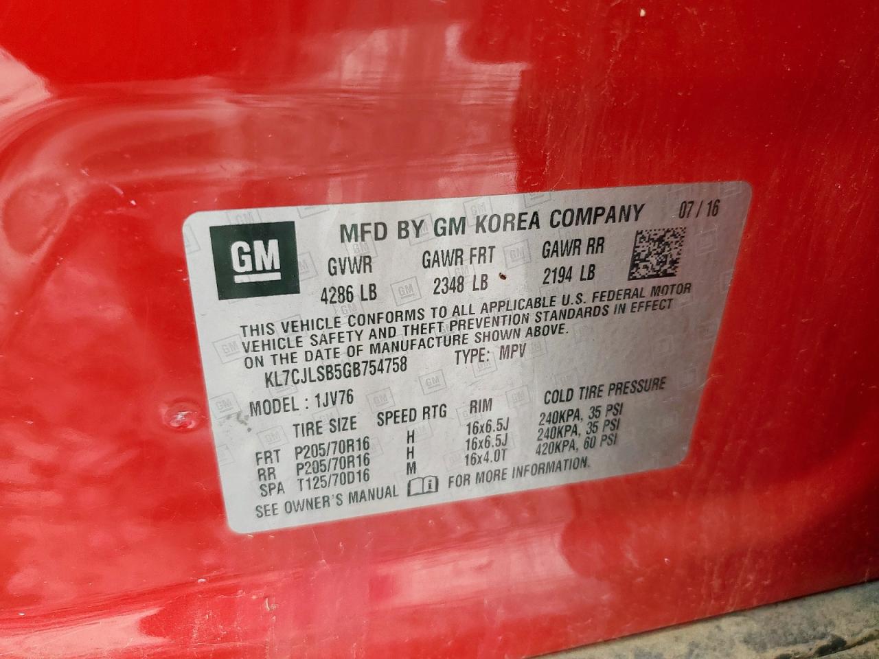 2016 Chevrolet Trax 1Lt VIN: KL7CJLSB5GB754758 Lot: 92724155