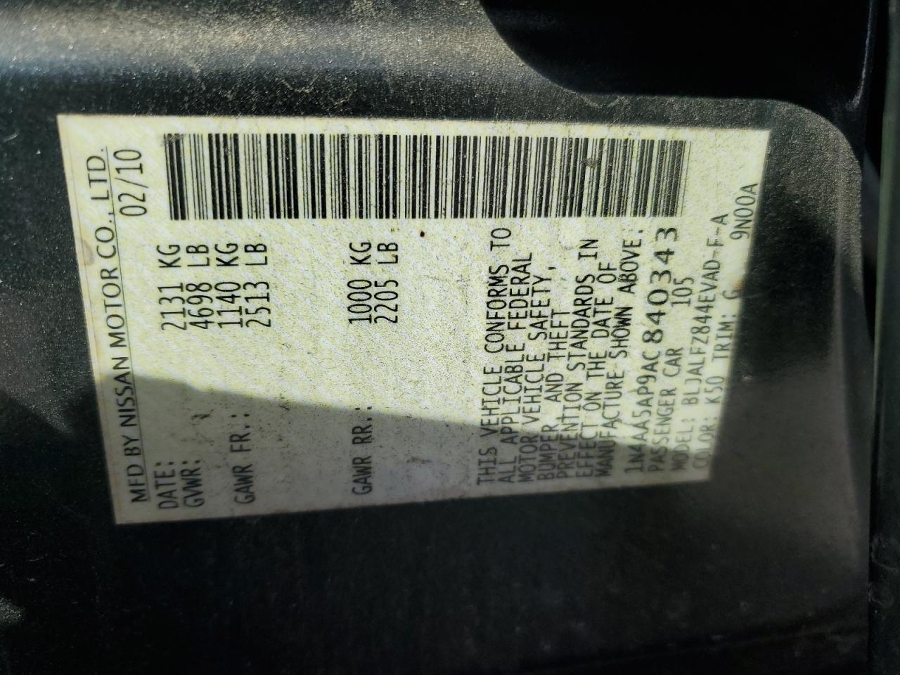 2010 Nissan Maxima S VIN: 1N4AA5AP9AC840343 Lot: 92176595