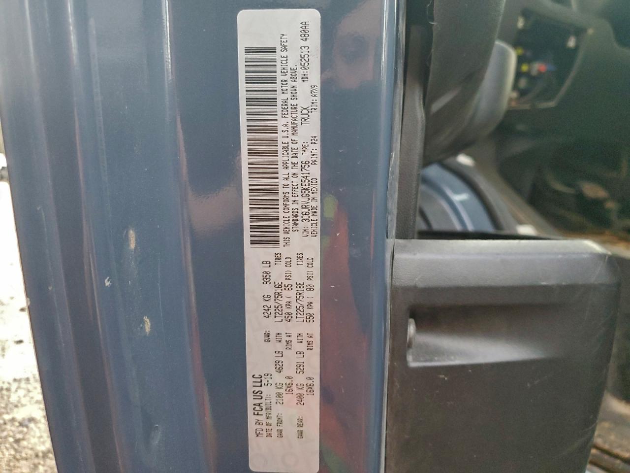 2019 Ram Promaster 3500 3500 High VIN: 3C6URVJG5KE541756 Lot: 93702905