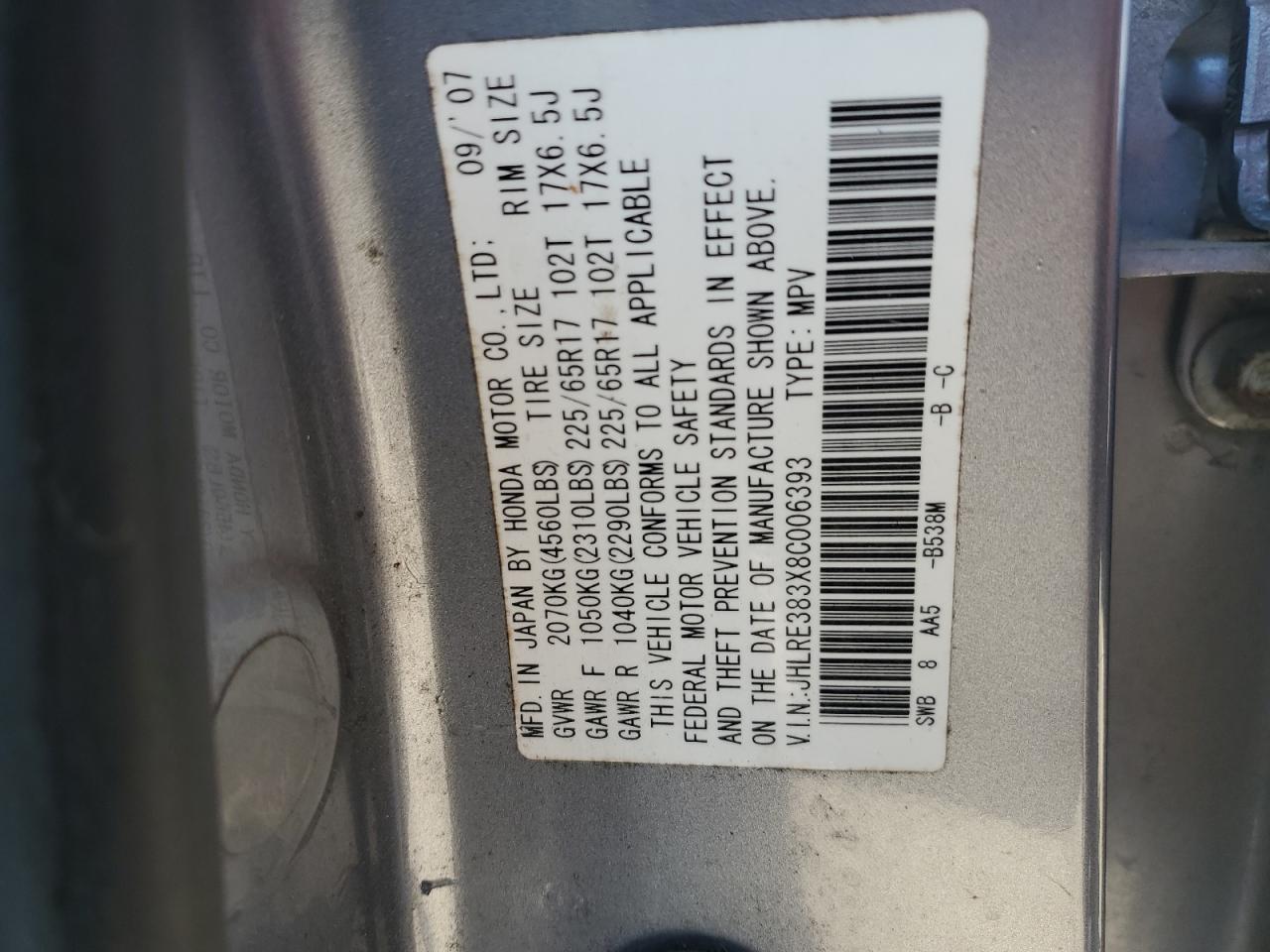 2008 Honda Cr-V Lx VIN: JHLRE383X8C006393 Lot: 91860185