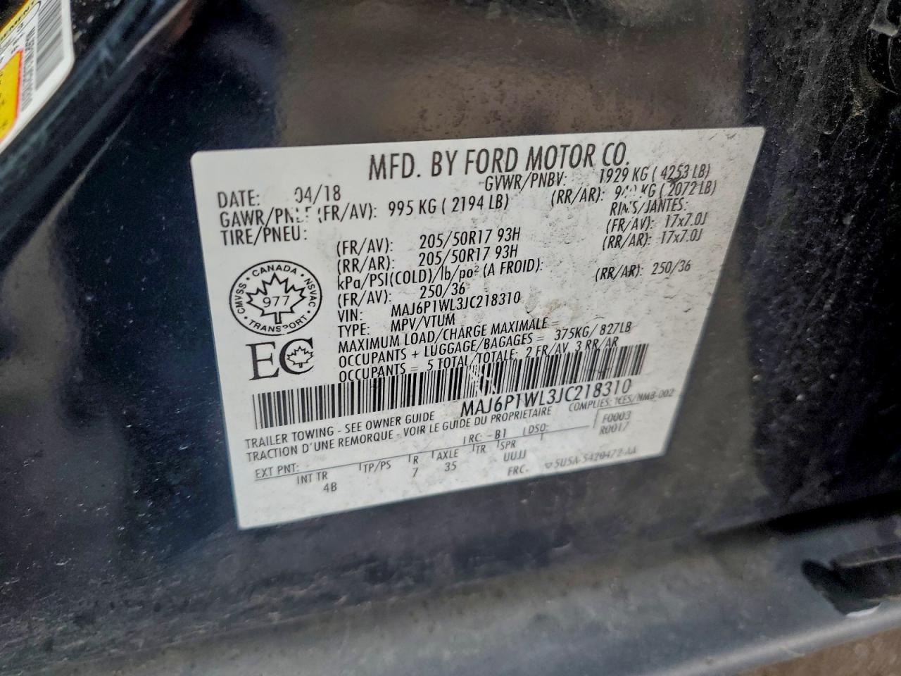 2018 Ford Ecosport Titanium VIN: MAJ6P1WL3JC218310 Lot: 94420055