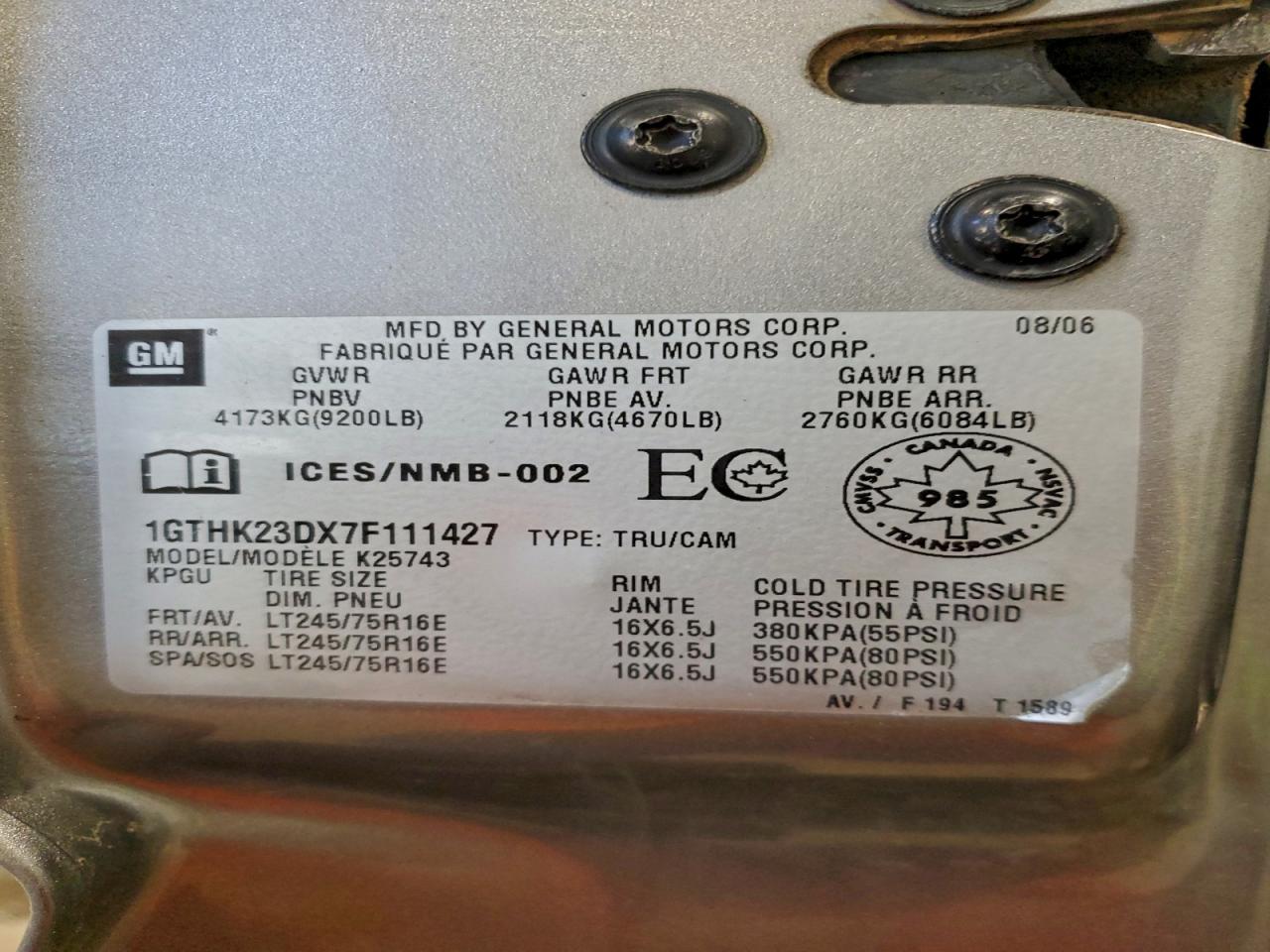 2007 GMC Sierra K2500 Heavy Duty VIN: 1GTHK23DX7F111427 Lot: 94090245