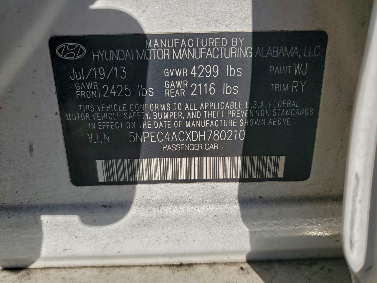 2013 Hyundai Sonata Se VIN: 5NPEC4ACXDH780210 Lot: 93683995