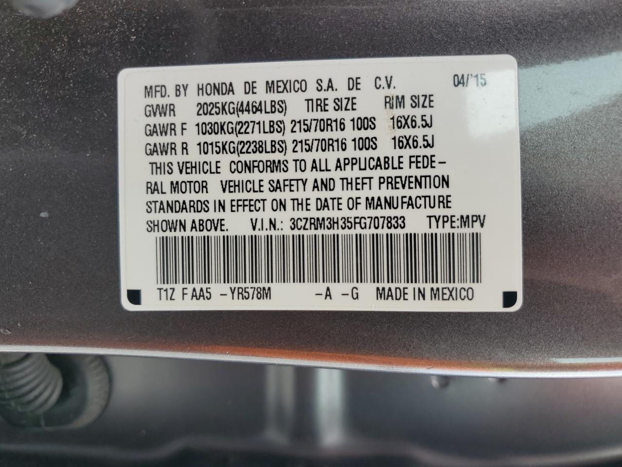 2015 Honda Cr-V Lx VIN: 3CZRM3H35FG707833 Lot: 91629895