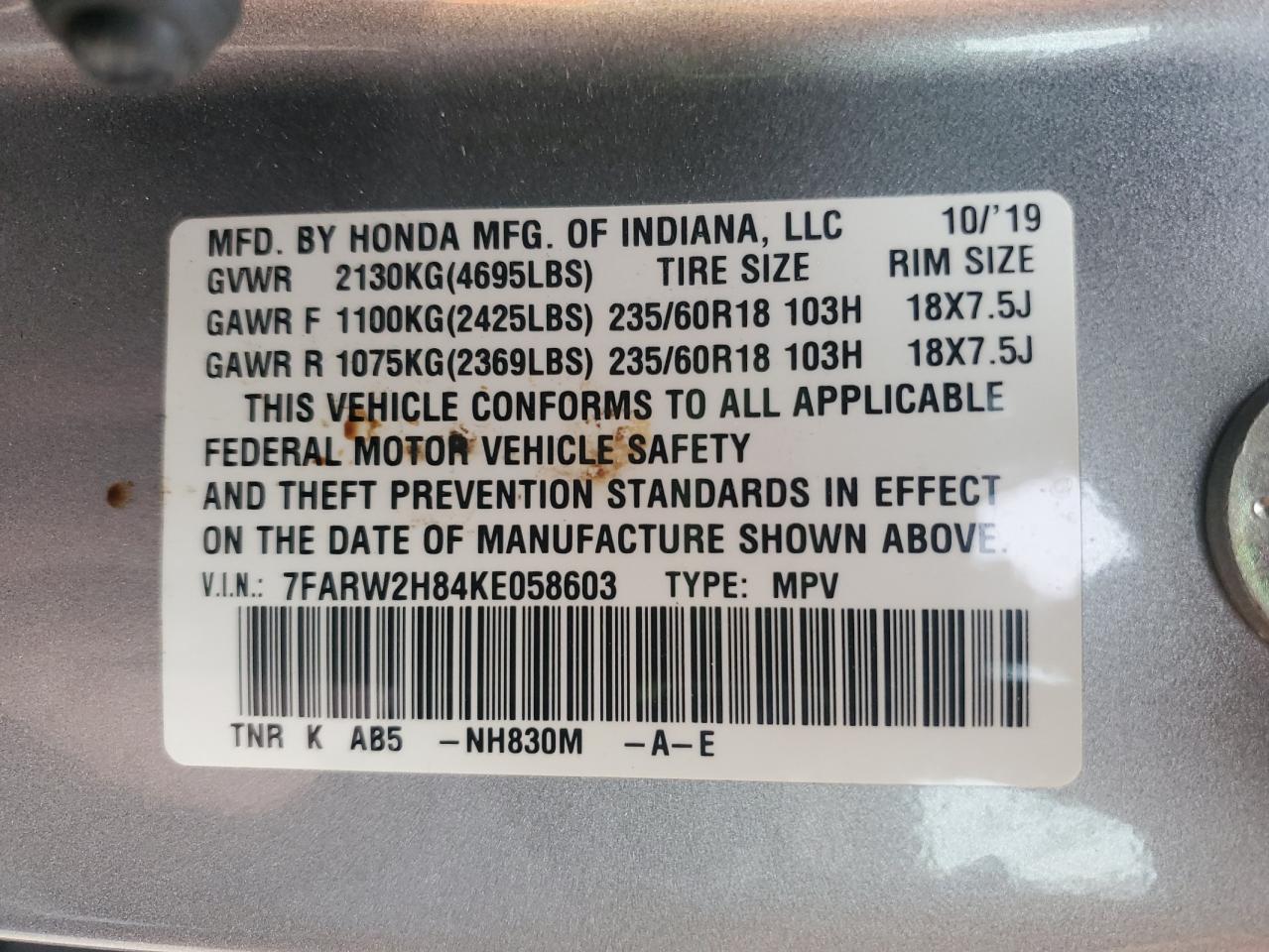 2019 Honda Cr-V Exl VIN: 7FARW2H84KE058603 Lot: 93461035