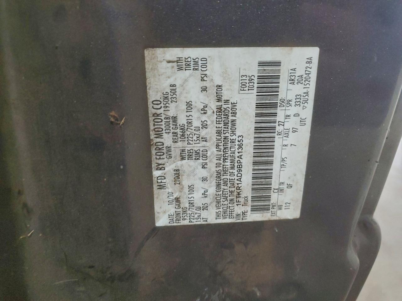 2011 Ford Ranger VIN: 1FTKR1AD9BPA13653 Lot: 94110415