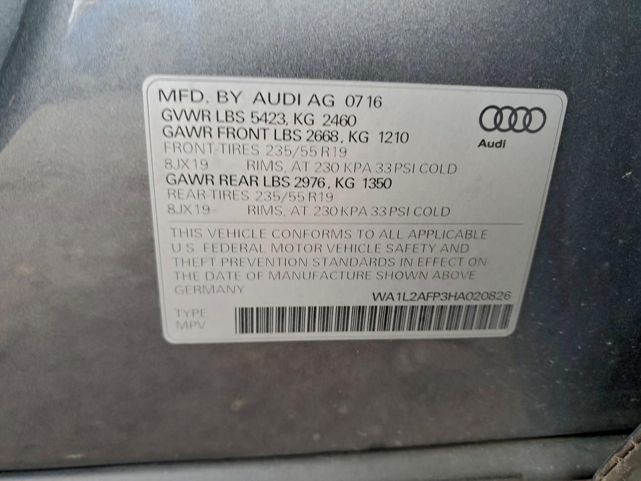 2017 Audi Q5 Premium Plus VIN: WA1L2AFP3HA020826 Lot: 94099825