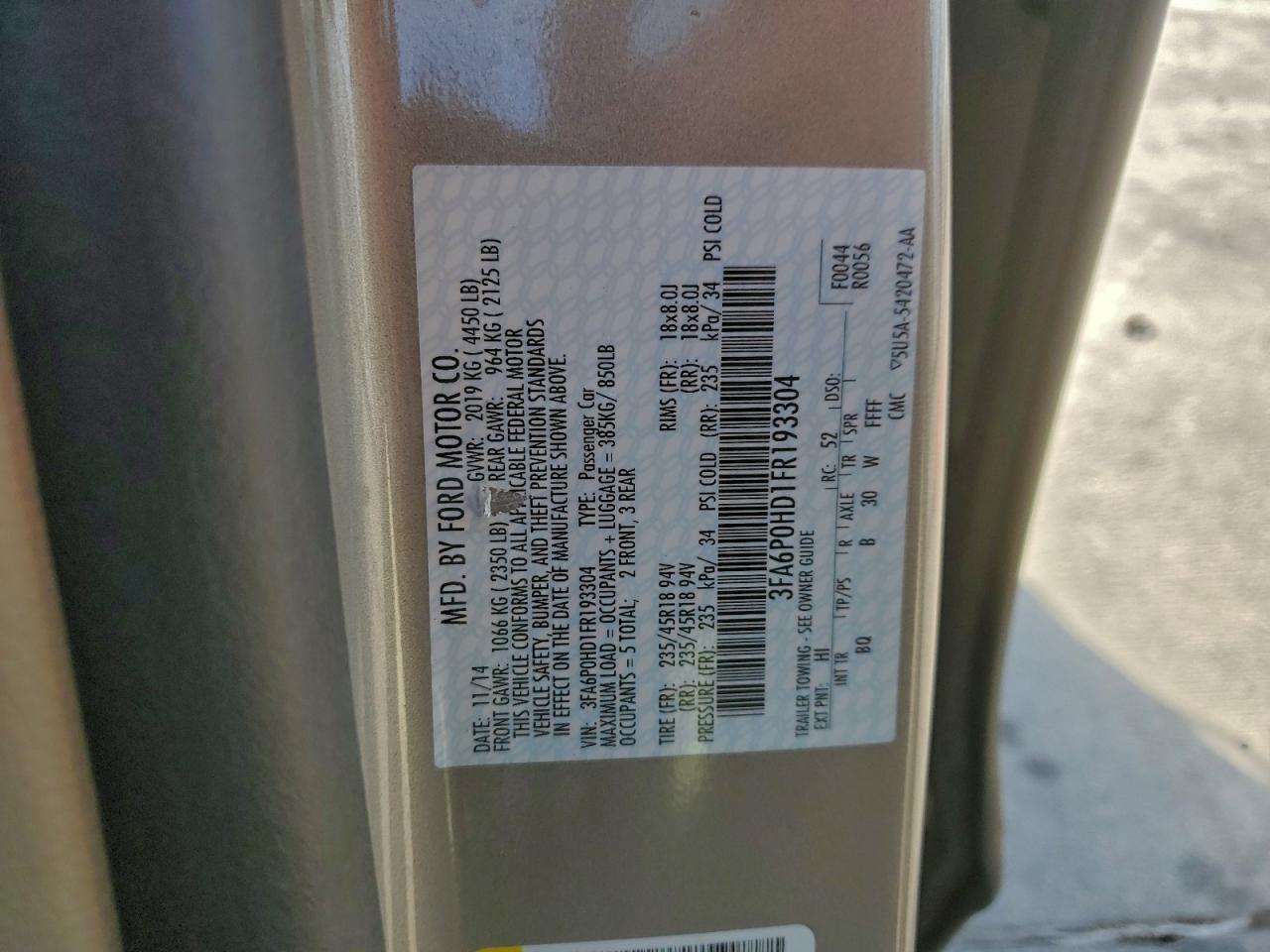 2015 Ford Fusion Se VIN: 3FA6P0HD1FR193304 Lot: 92419875