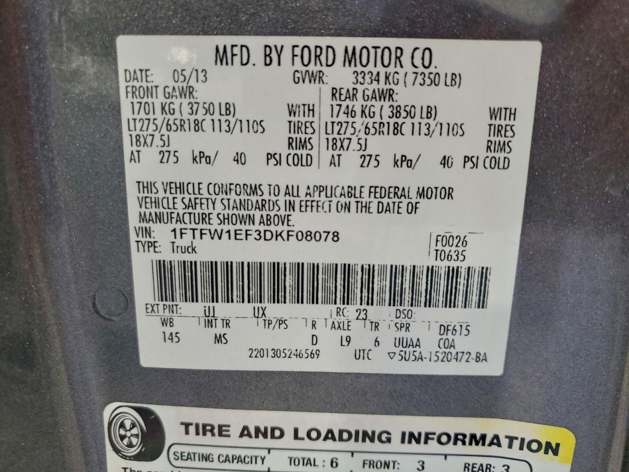 2013 Ford F150 Supercrew VIN: 1FTFW1EF3DKF08078 Lot: 93632625