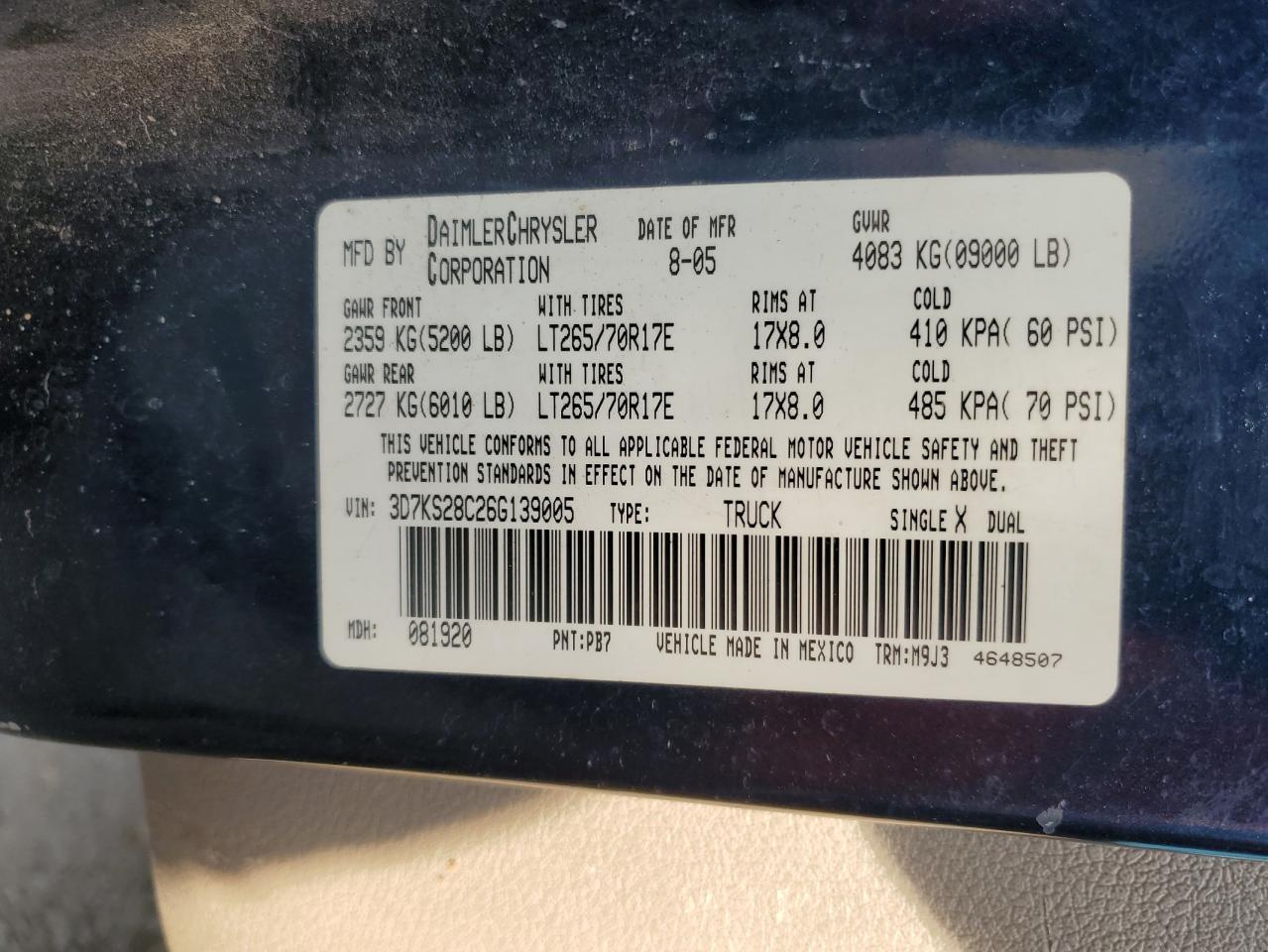 2006 Dodge Ram 2500 St VIN: 3D7KS28C26G139005 Lot: 93486725