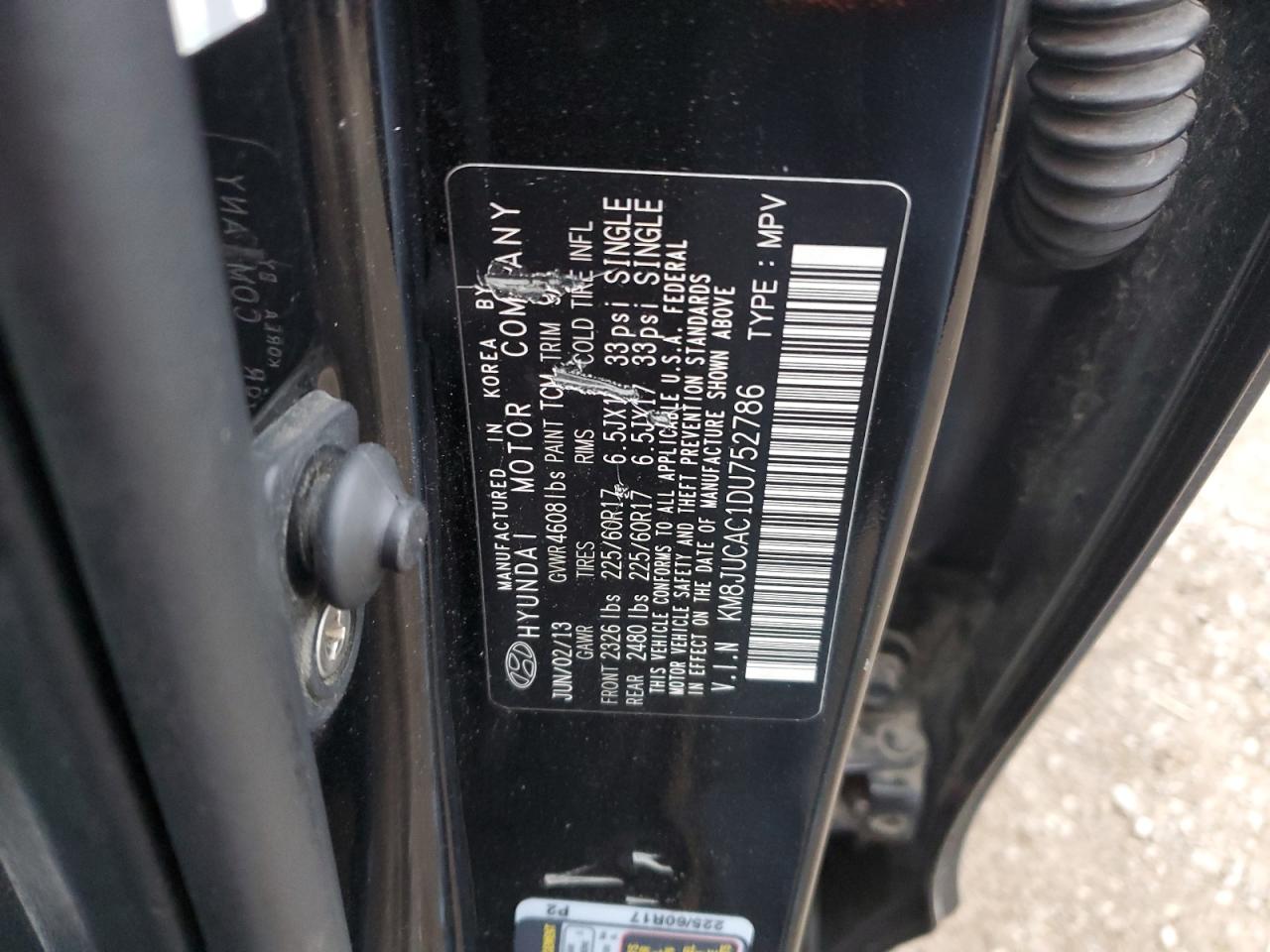 2013 Hyundai Tucson Gls VIN: KM8JUCAC1DU752786 Lot: 93213055