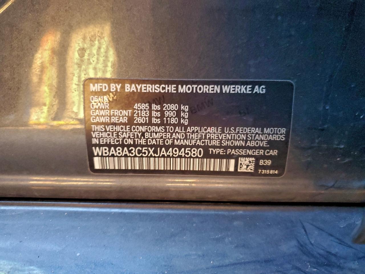 2018 BMW 320 Xi VIN: WBA8A3C5XJA494580 Lot: 94373045