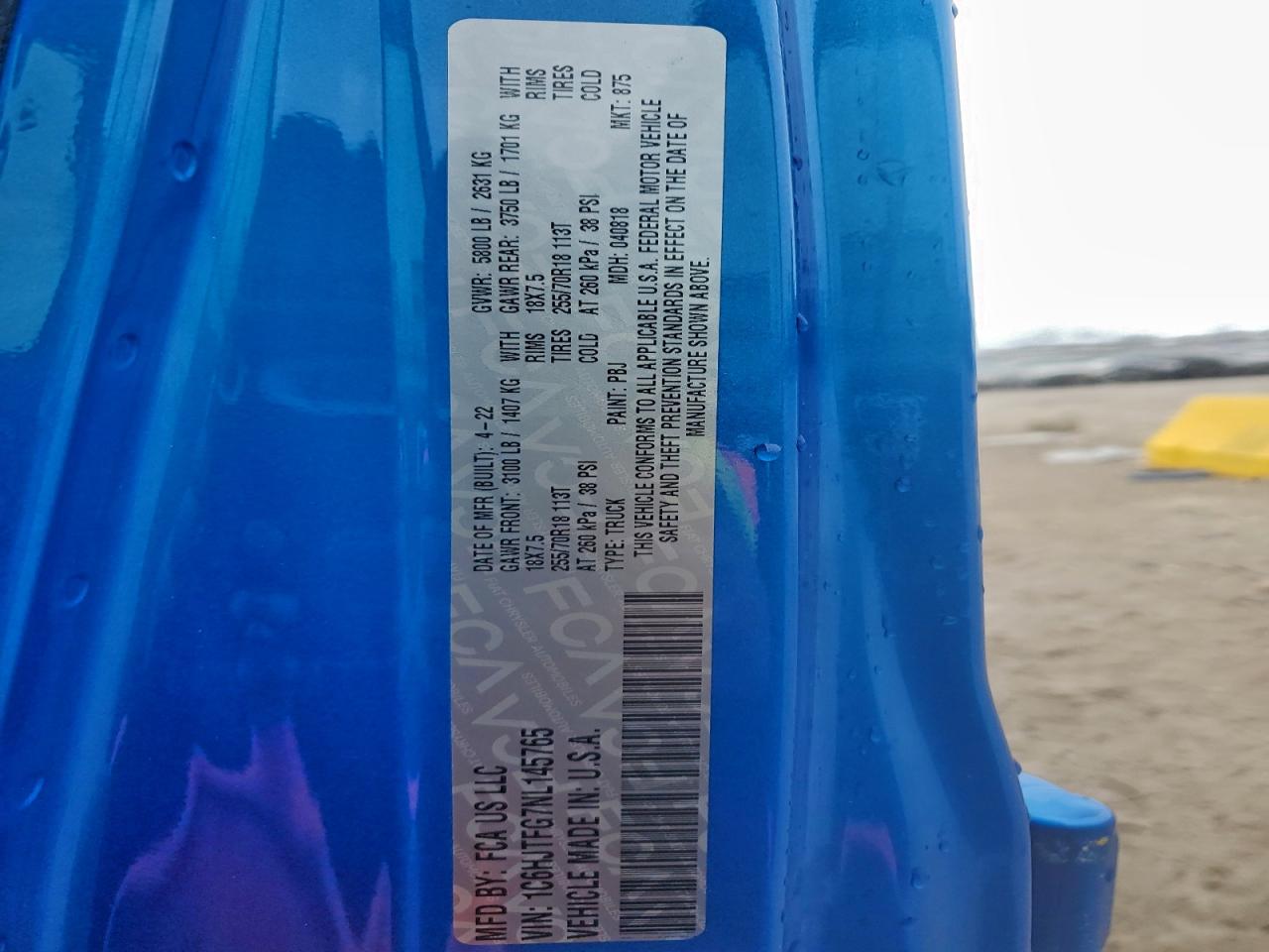 2022 Jeep Gladiator Overland VIN: 1C6HJTFG7NL145765 Lot: 94108025