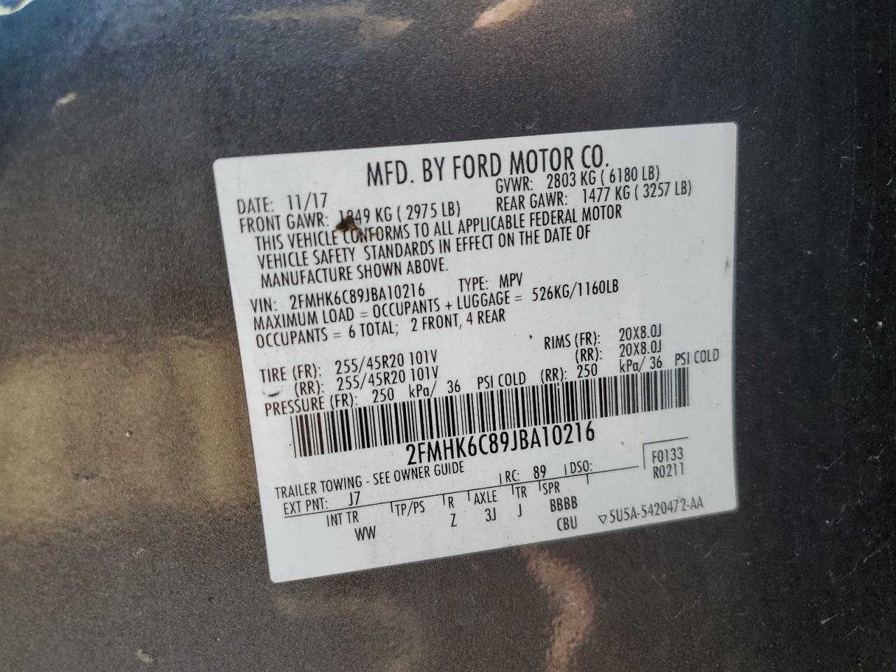 2018 Ford Flex Sel VIN: 2FMHK6C89JBA10216 Lot: 93413985