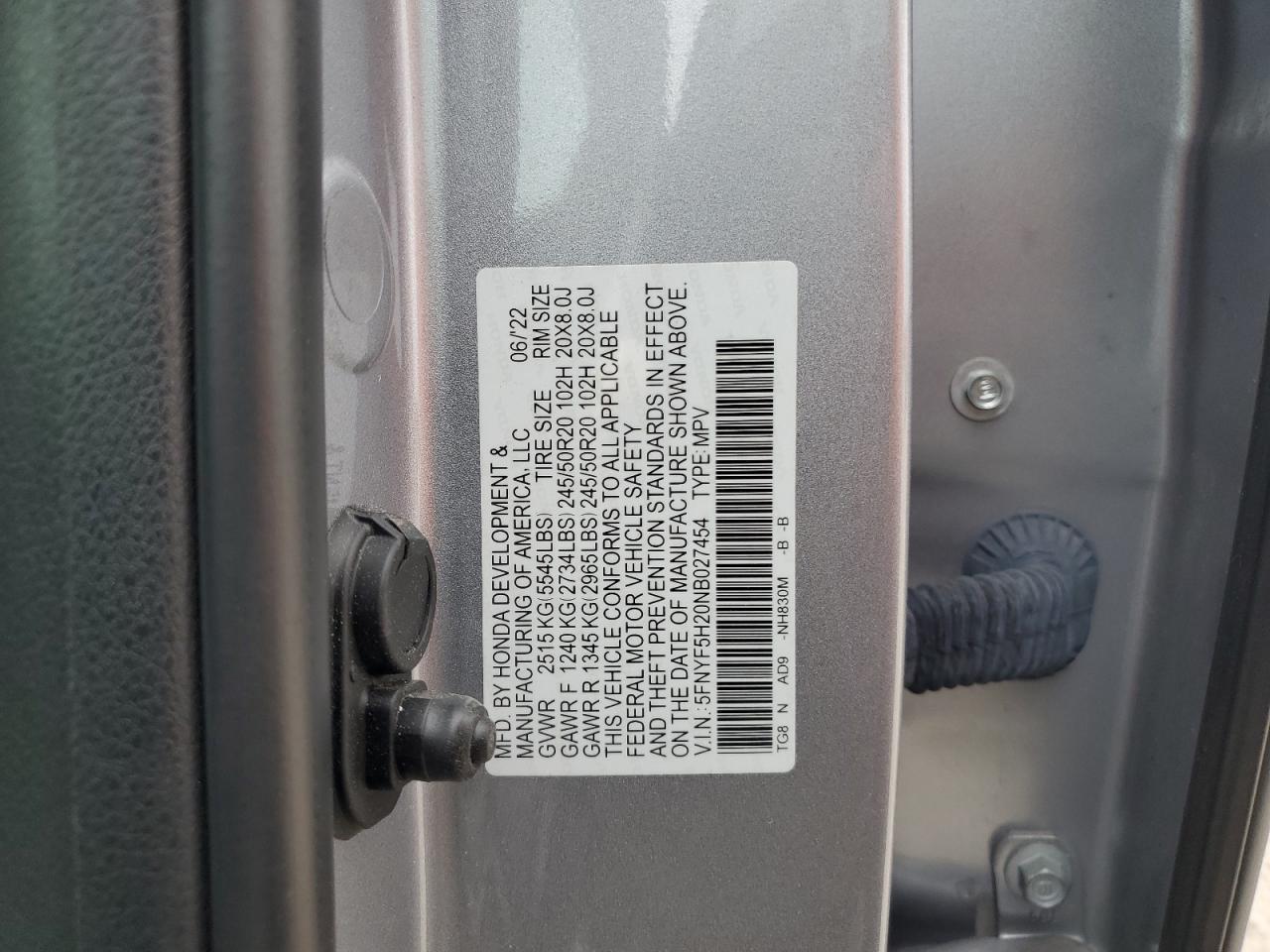 2022 Honda Pilot Se VIN: 5FNYF5H20NB027454 Lot: 90668685