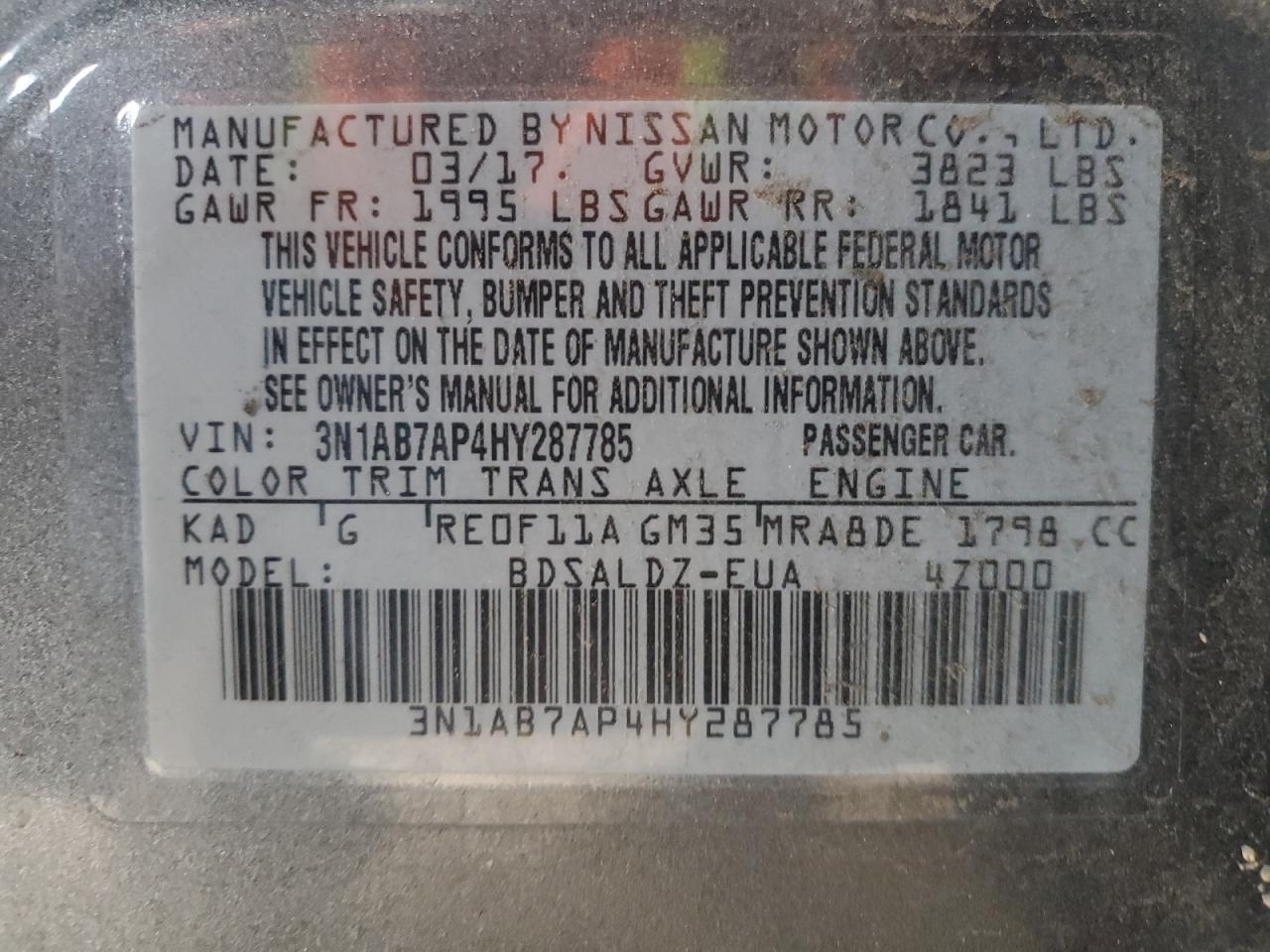 2017 Nissan Sentra S VIN: 3N1AB7AP4HY287785 Lot: 93411445