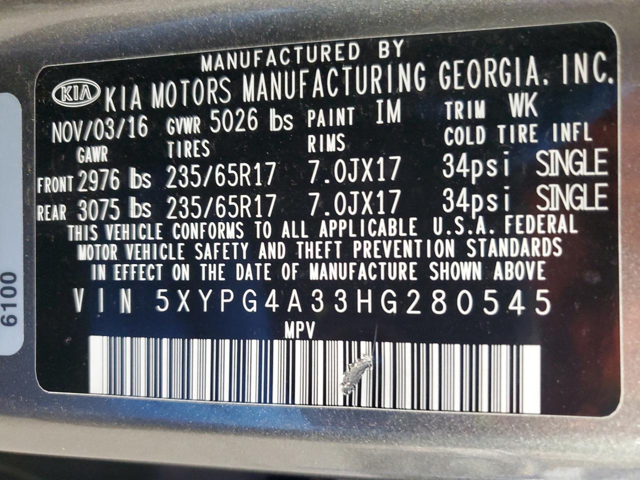 2017 Kia Sorento Lx VIN: 5XYPG4A33HG280545 Lot: 92015245