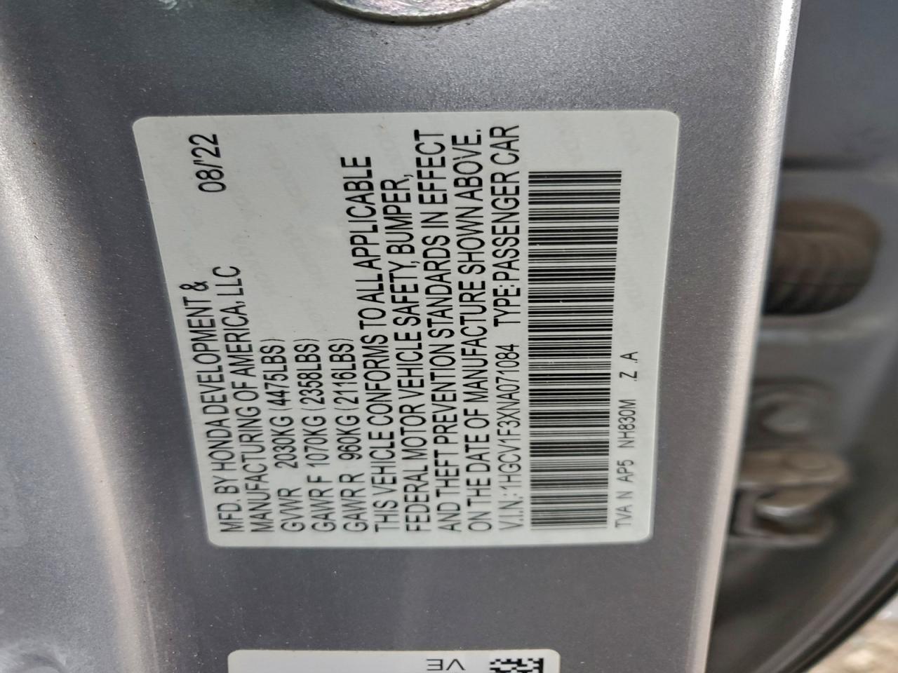 2022 Honda Accord Sport VIN: 1HGCV1F3XNA071084 Lot: 93473205