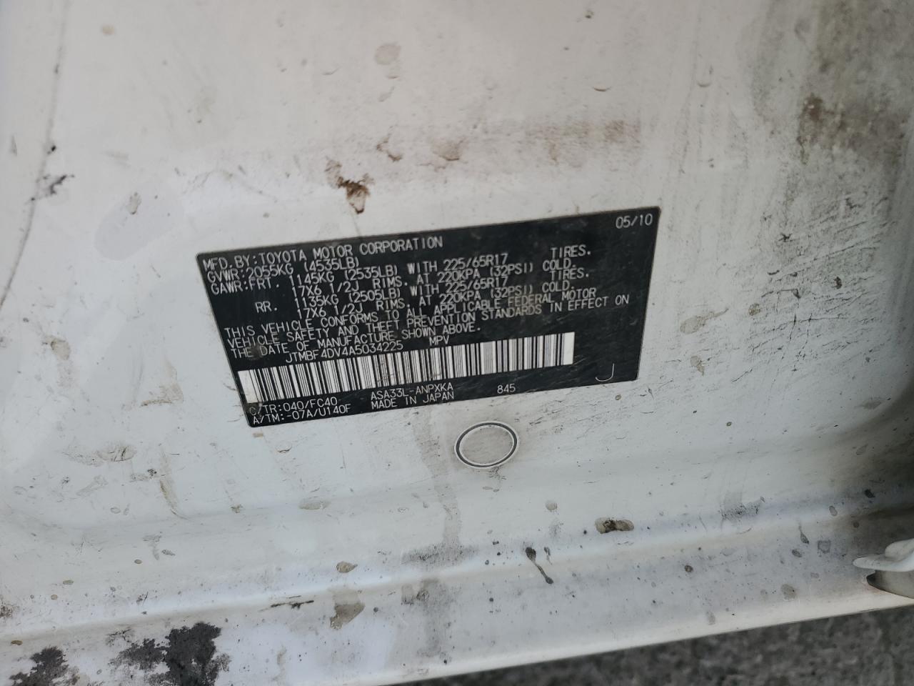 2010 Toyota Rav4 VIN: JTMBF4DV4A5034225 Lot: 91885535