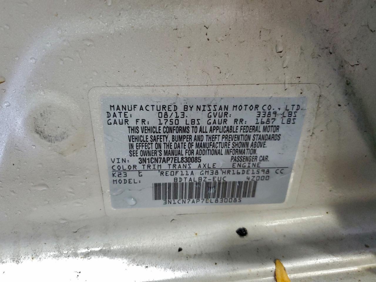 2014 Nissan Versa S VIN: 3N1CN7AP7EL830085 Lot: 93965755