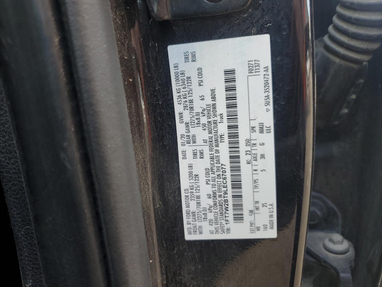 2020 Ford F250 Super Duty VIN: 1FT7W2BT9LEC67077 Lot: 92925125