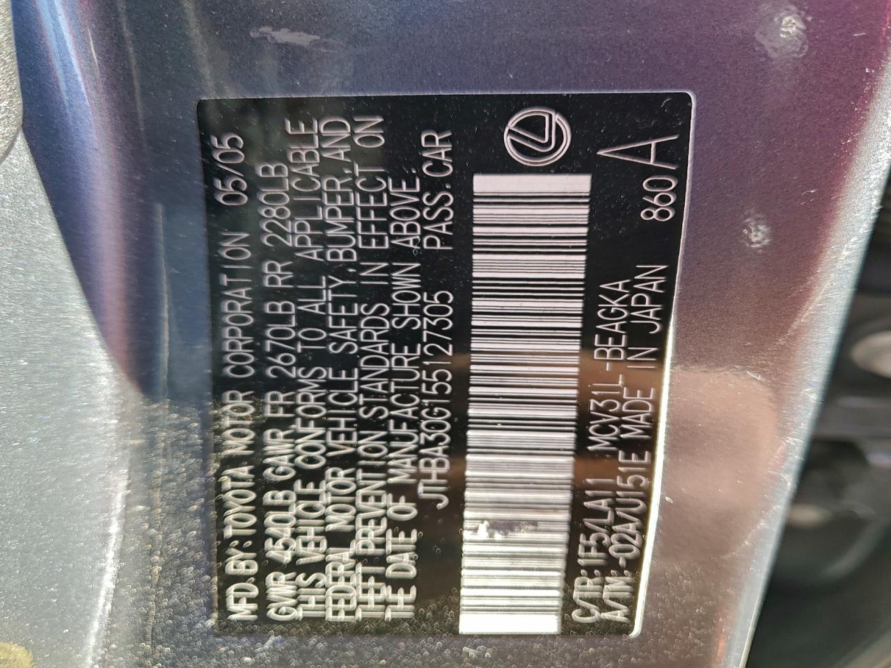 2005 Lexus Es 330 VIN: JTHBA30G155127305 Lot: 92427365