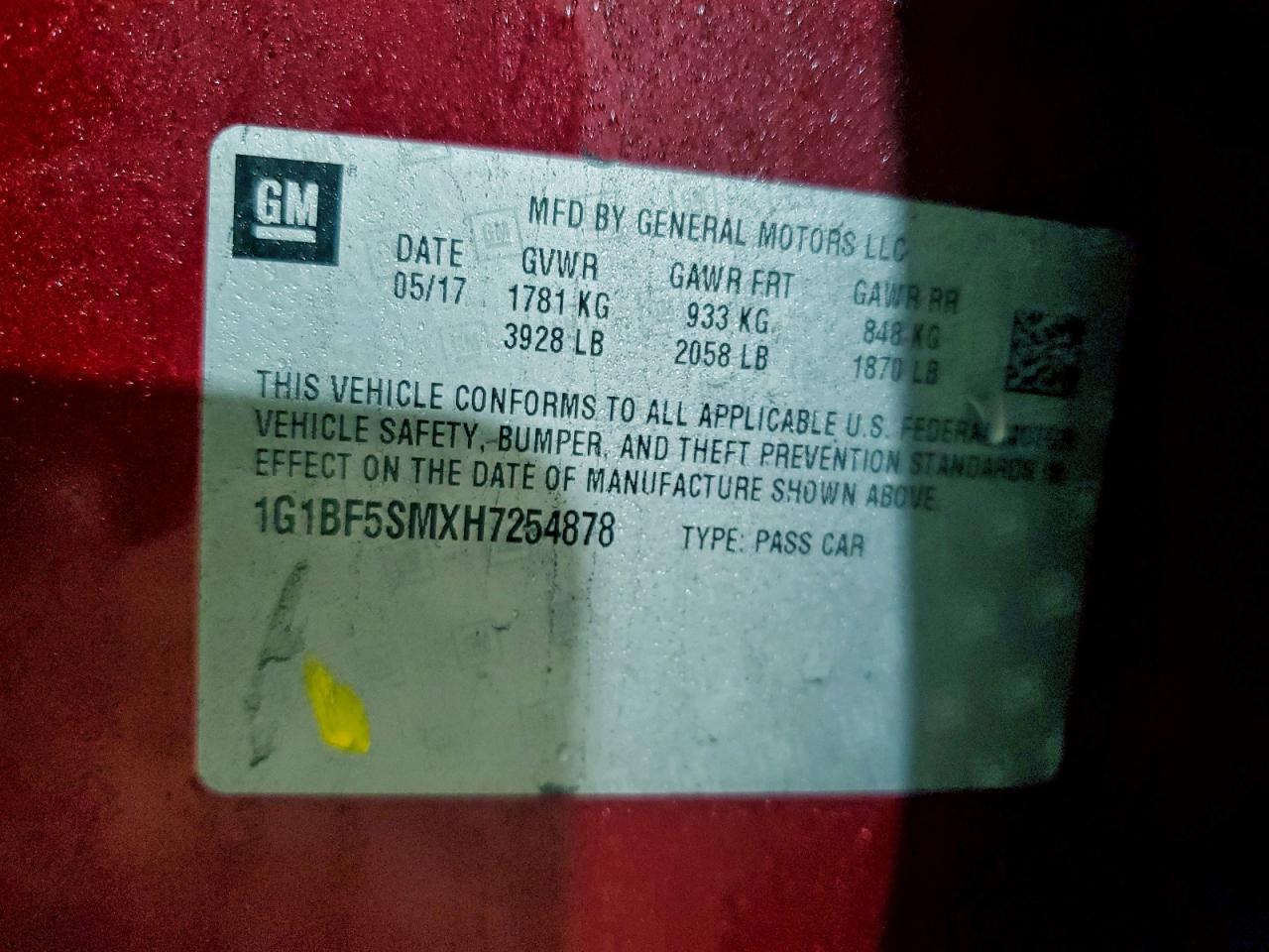 2017 Chevrolet Cruze Premier VIN: 1G1BF5SMXH7254878 Lot: 94231525