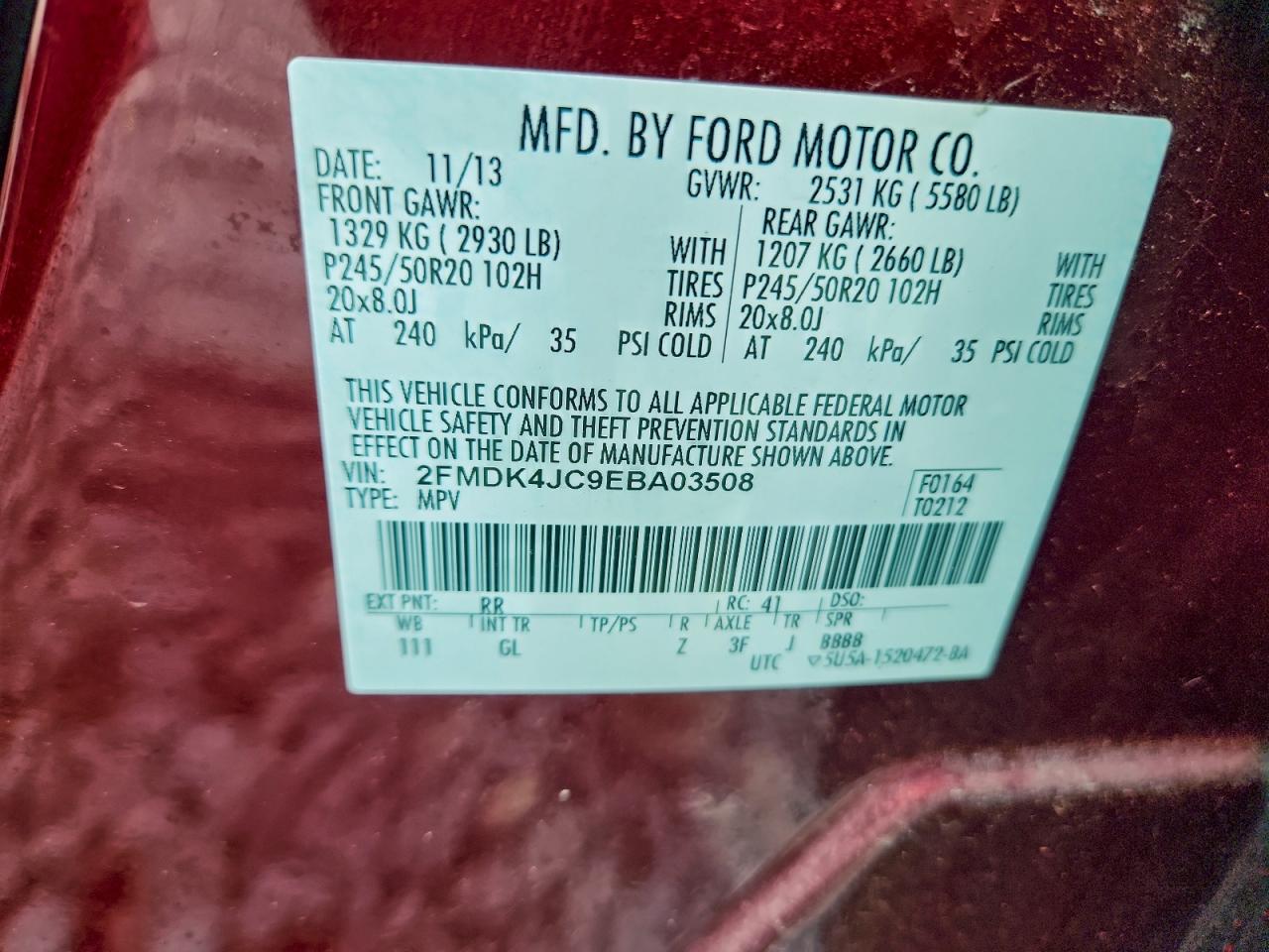 2014 Ford Edge Sel VIN: 2FMDK4JC9EBA03508 Lot: 94241505