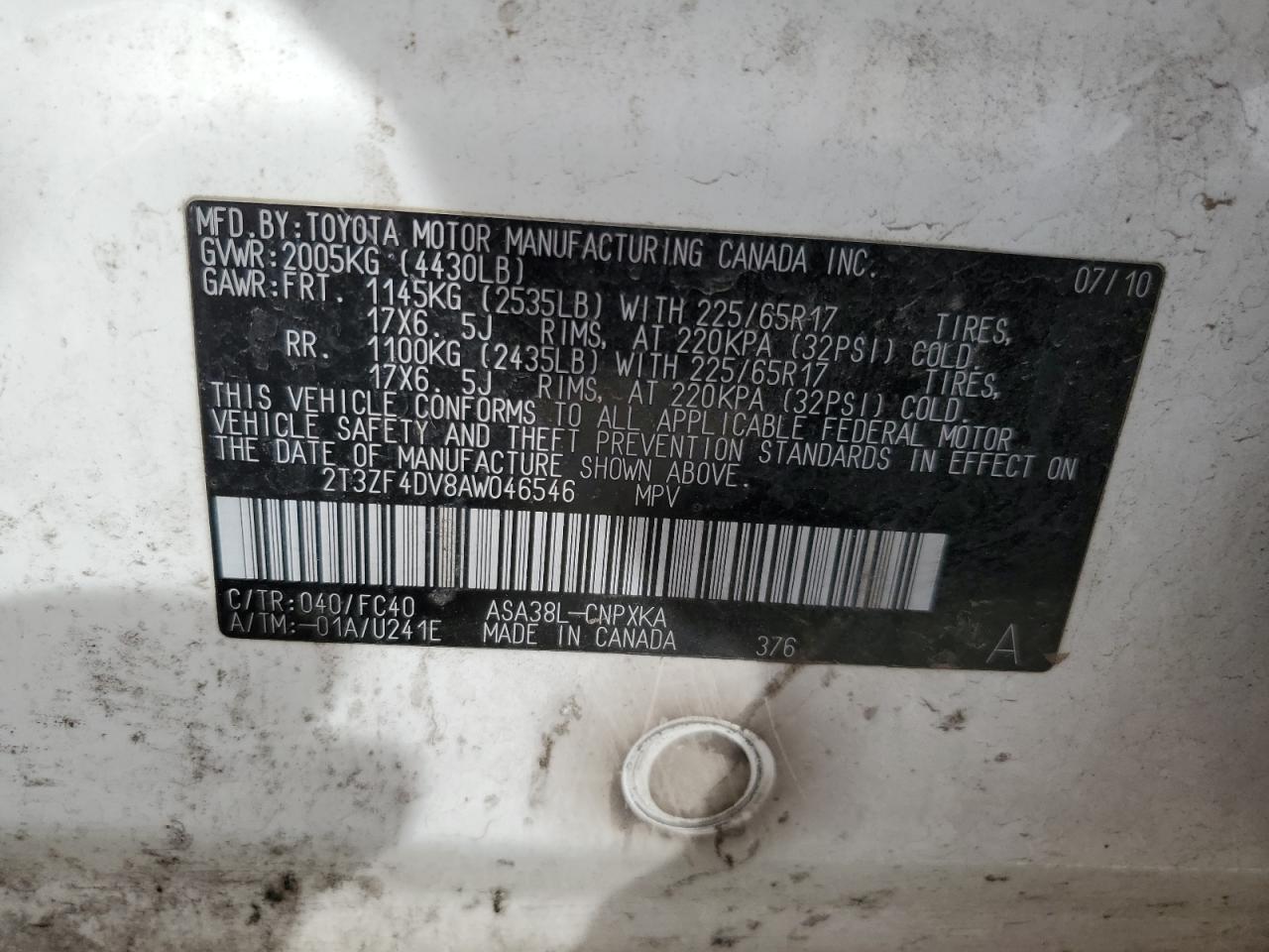 2010 Toyota Rav4 VIN: 2T3ZF4DV8AW046546 Lot: 92760265