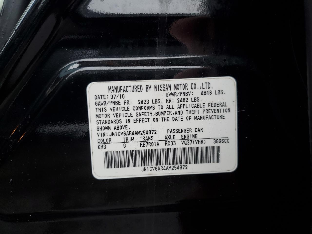 2010 Infiniti G37 VIN: JN1CV6AR4AM254872 Lot: 91578735