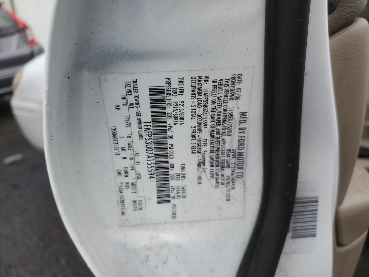 2007 Ford Taurus Se VIN: 1FAFP53U07A155594 Lot: 92318495