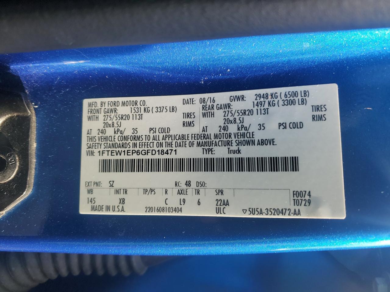 2016 Ford F150 Supercrew VIN: 1FTEW1EP6GFD18471 Lot: 91267645