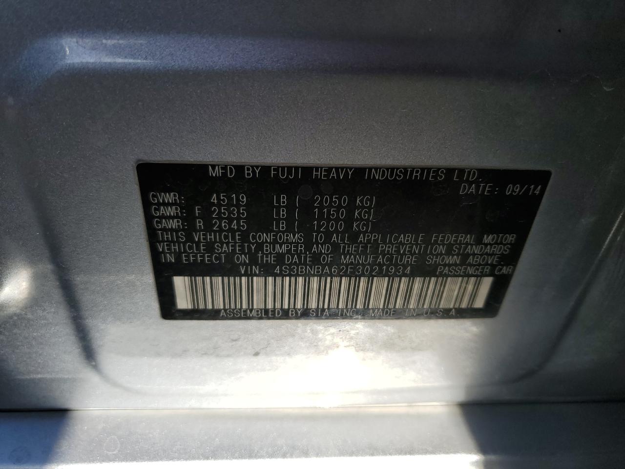 2015 Subaru Legacy 2.5I VIN: 4S3BNBA62F3021934 Lot: 92013705