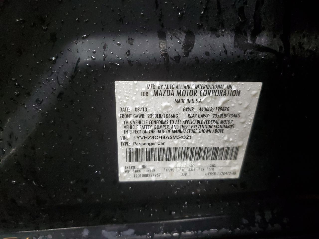 2010 Mazda 6 I VIN: 1YVHZ8CH9A5M54321 Lot: 93126635