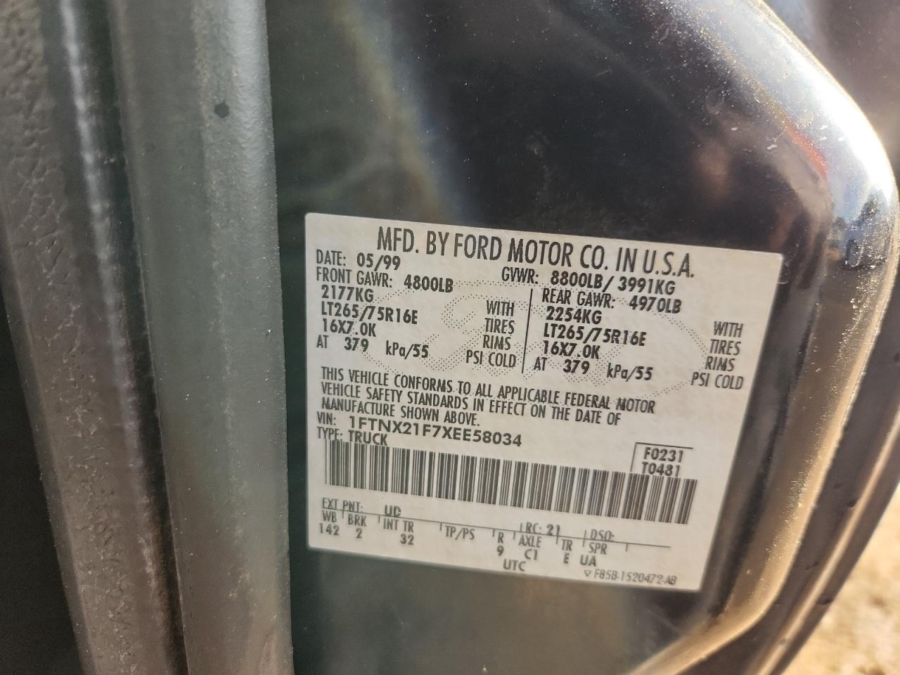 1999 Ford F250 Super Duty VIN: 1FTNX21F7XEE58034 Lot: 92906165