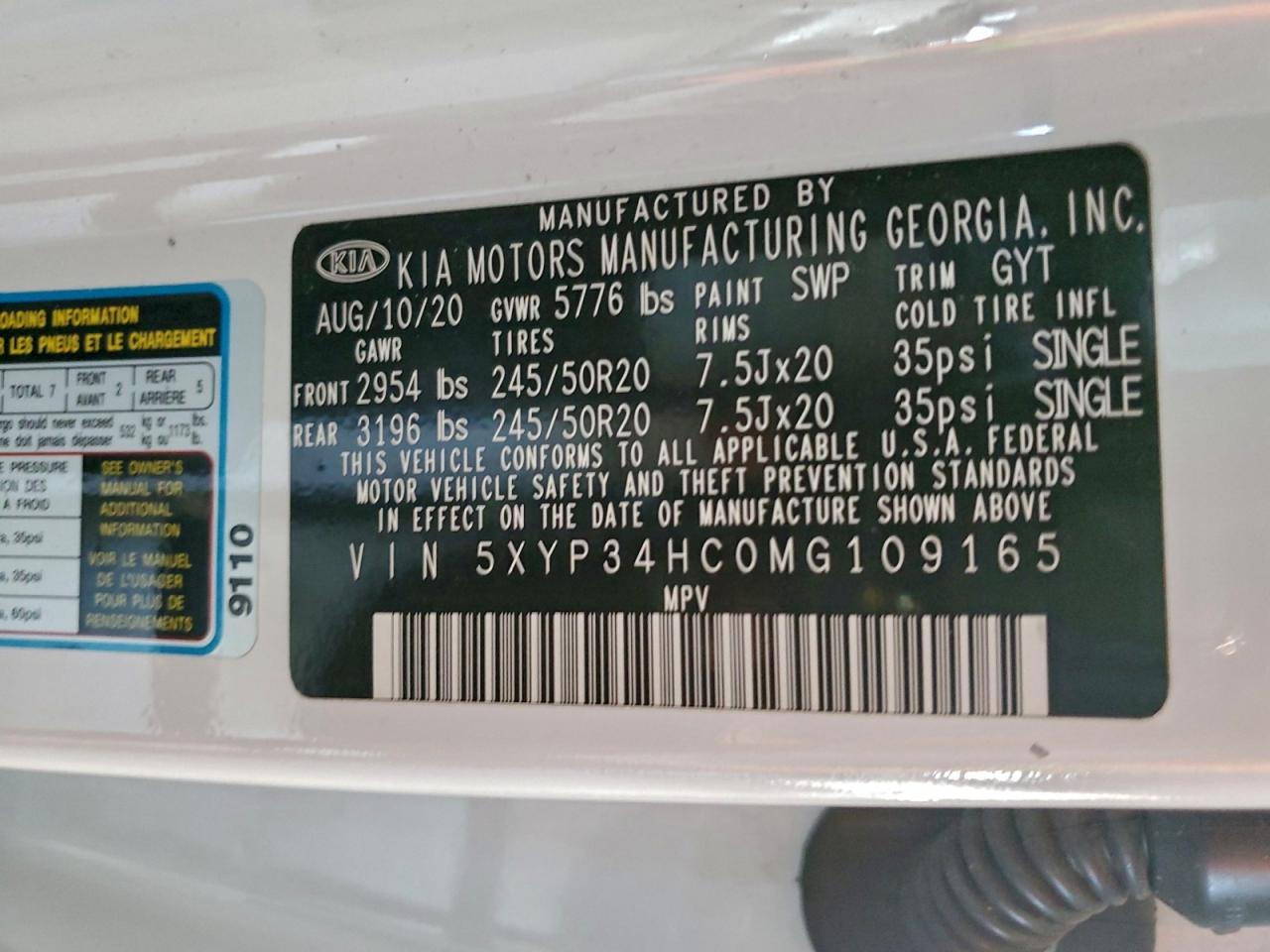 2021 Kia Telluride Ex VIN: 5XYP34HC0MG109165 Lot: 94144565