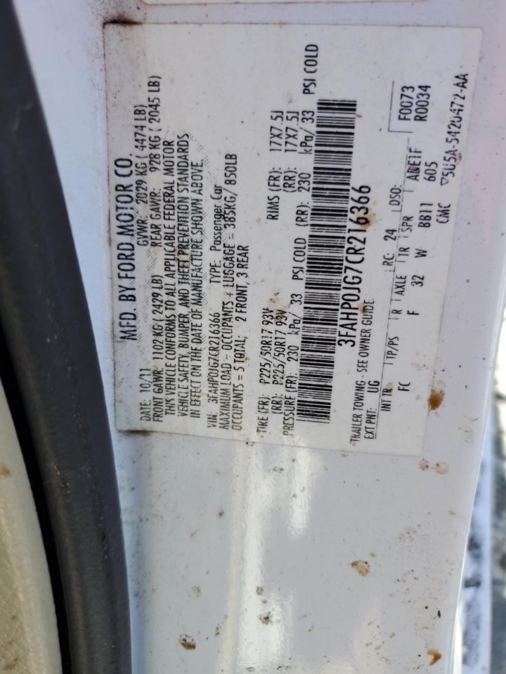 2012 Ford Fusion Sel VIN: 3FAHP0JG7CR216366 Lot: 91532235