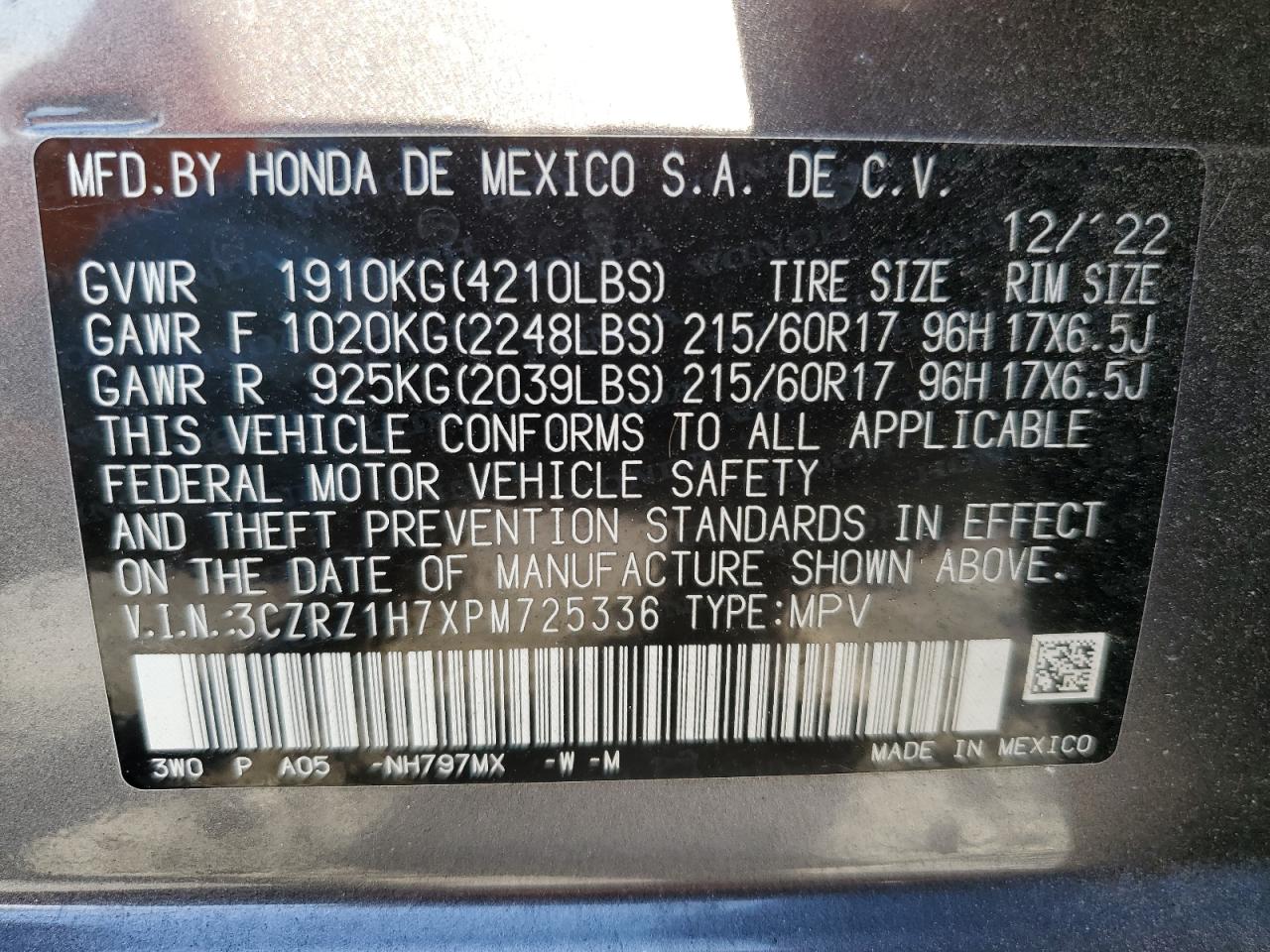 2023 Honda Hr-V Exl VIN: 3CZRZ1H7XPM725336 Lot: 93068815