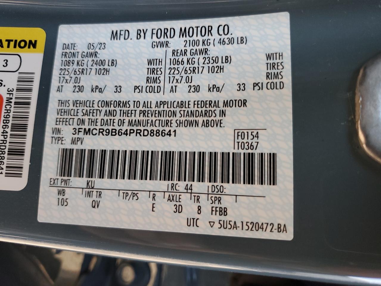 2023 Ford Bronco Sport Big Bend VIN: 3FMCR9B64PRD88641 Lot: 93480475