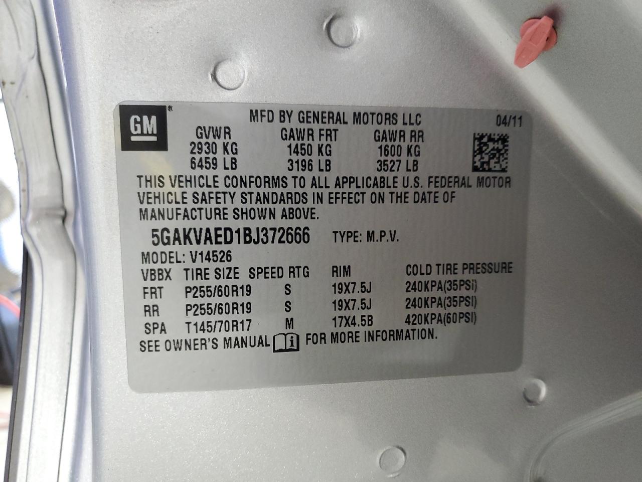 2011 Buick Enclave Cx VIN: 5GAKVAED1BJ372666 Lot: 90727645