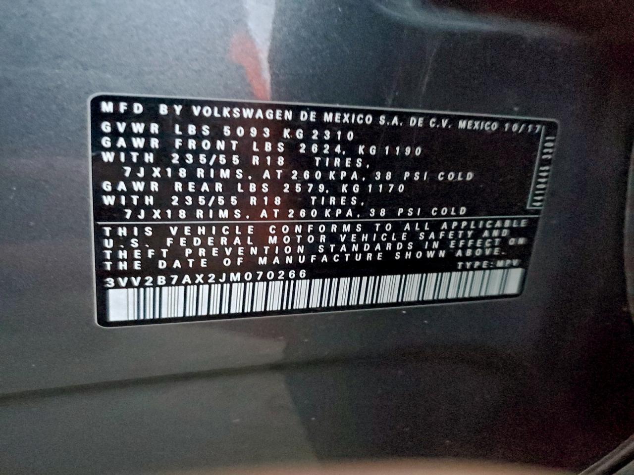 2018 Volkswagen Tiguan Se VIN: 3VV2B7AX2JM070266 Lot: 94138645