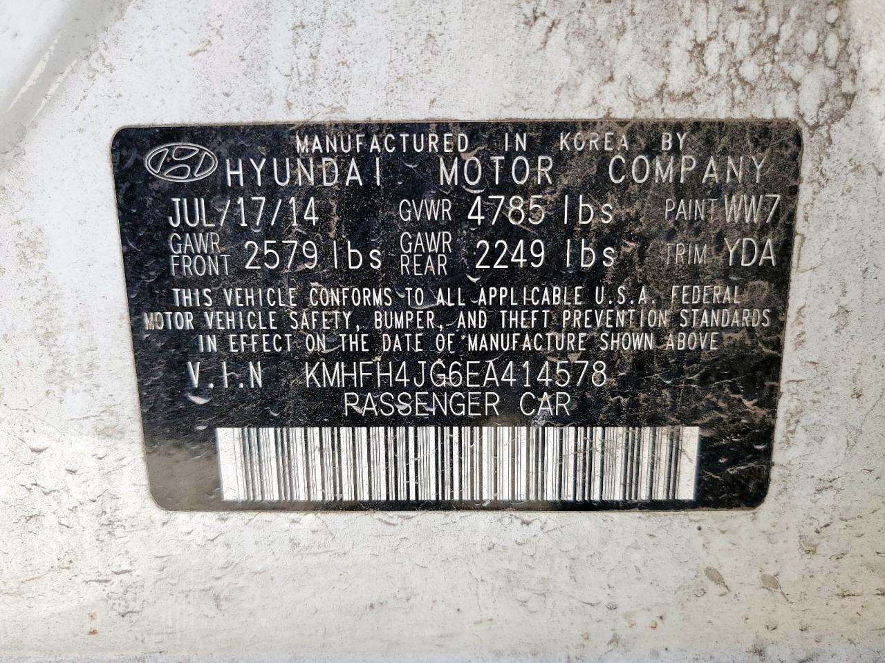 2014 Hyundai Azera Gls VIN: KMHFH4JG6EA414578 Lot: 91809905