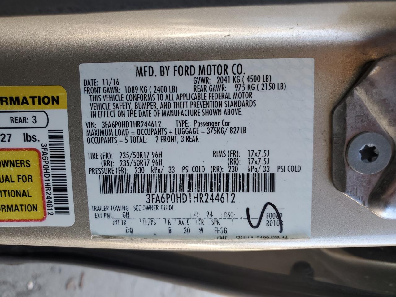 2017 Ford Fusion Se VIN: 3FA6P0HD1HR244612 Lot: 92500575